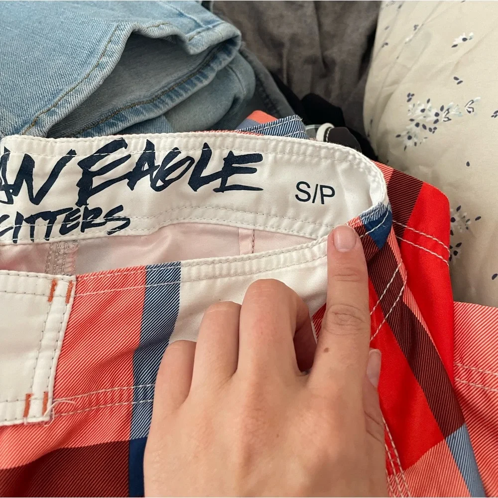 American eagle plaid orange drawstring board swimming shorts